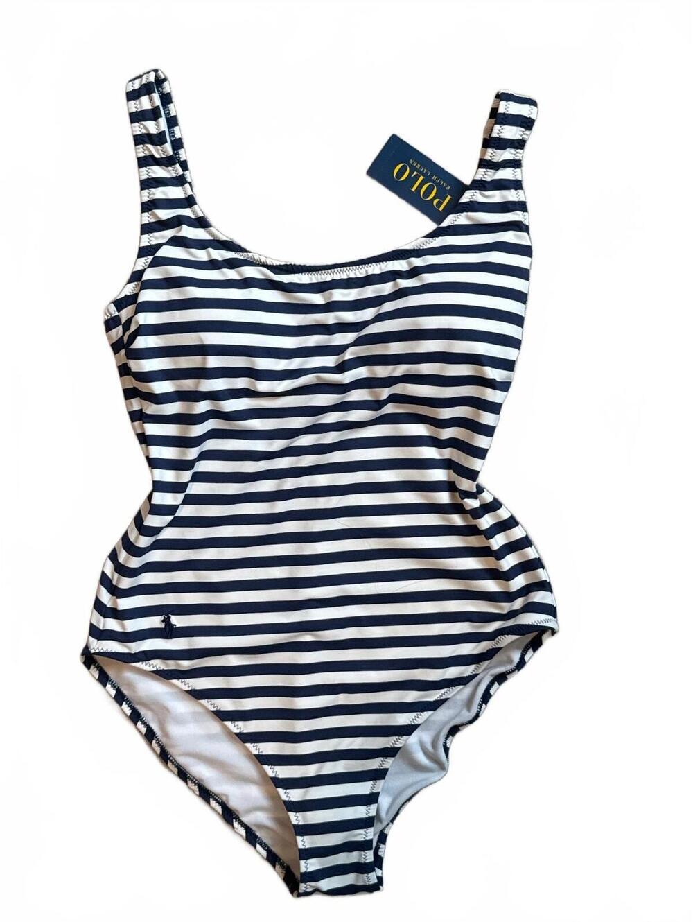 NWT Polo Ralph Lauren | Navy White Striped One Piece Swimsuit Sz L Preppy